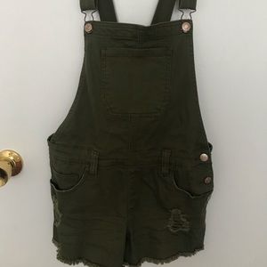 Distressed Army Green Short Overalls